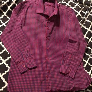 FUSION ITALY Mens SLIM FIT MAROON DRESS SHIRT Button Plaid Sz 17.5 34/35 M10